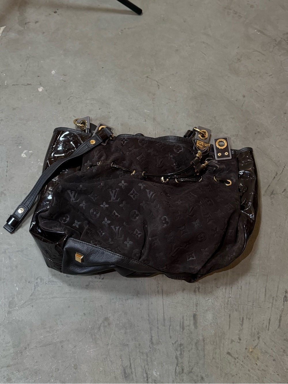 Louis Vuitton Monogram Suede Patent Leather Shoulder Bag Brown